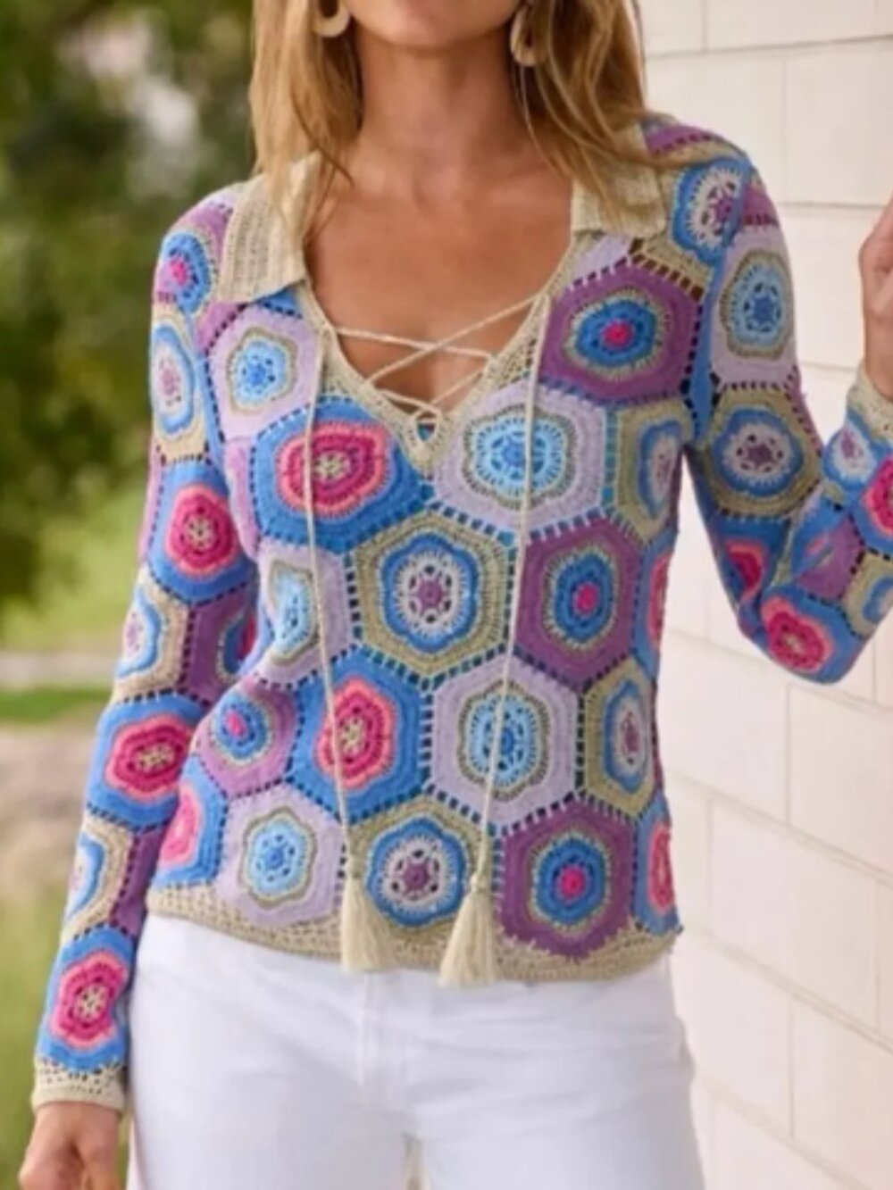 Boston Proper Crochet Flare Sleeve Sweater Size Small Metallic Boho